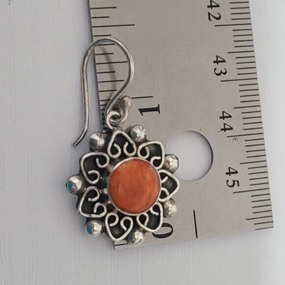 Vintage Sterling Silver Boho Moroccan Orange Sunstone Flower Drop Dangle Earring - Picture 7 of 8